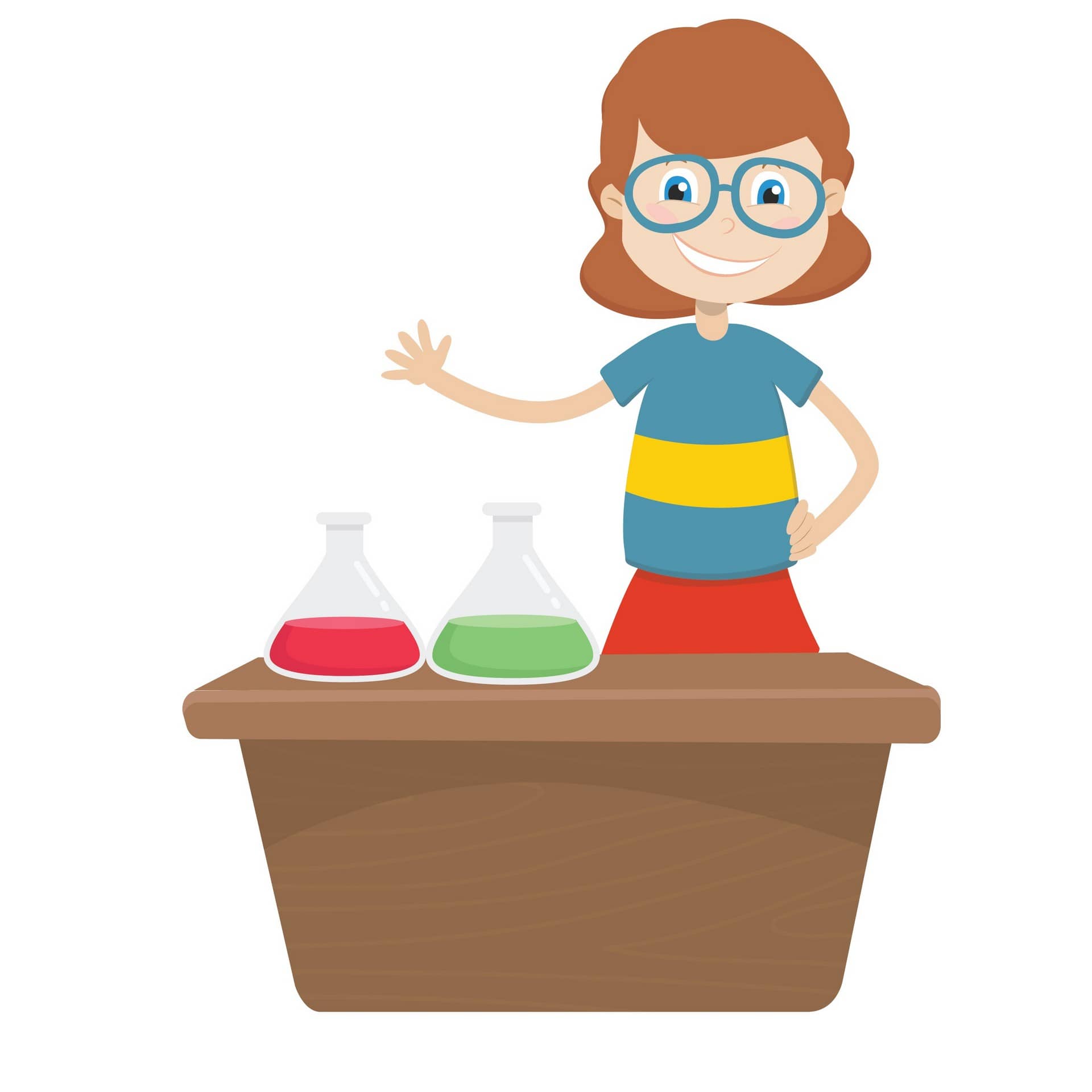A drawn picture of a teacher with chemistry set